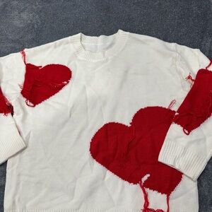 White Sweater with Red Heart Accents